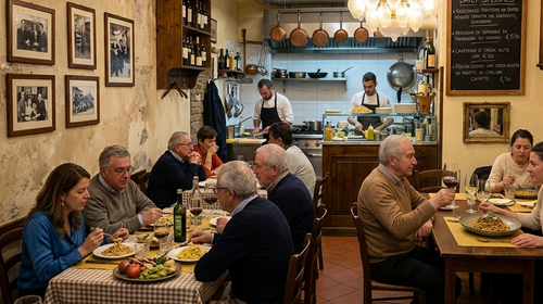 A split-screen view of a rustic Italian restaurant interior on the left and an outdoor street view on the right. The left side shows several people dining at tables under warm hanging chandeliers, with a wooden sign reading 'Trattoria da Luigi e Figli' above the kitchen.