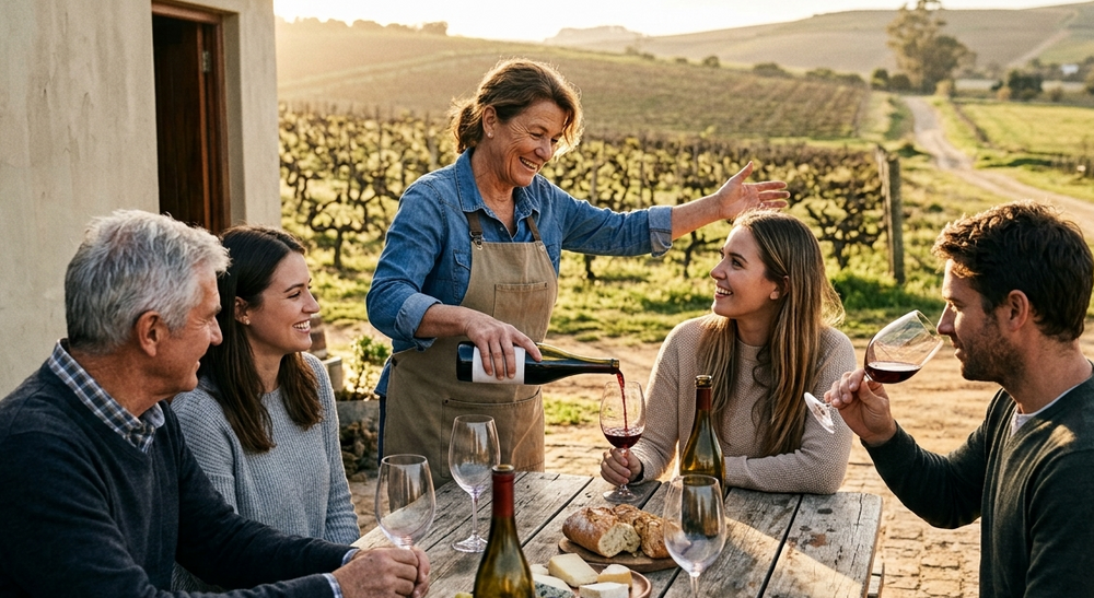 A group of four people gathered around a wooden table in a vineyard setting, enjoying red wine and food while a woman in an apron pours wine from a bottle. The background features rolling hills and grapevines under warm golden hour sunlight.